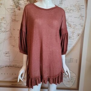 Wishlist Soft Red Linen Blend Dress Ruffle Hem Puff Sleeves Western Cowgirl M